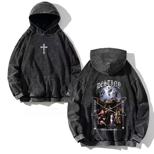Black distressed y2k washed hoodie with white cross front and intricate religious celestial print on back vintage cotton