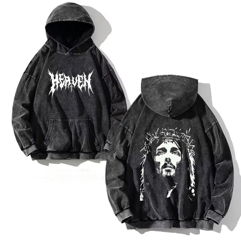 Black y2k washed hoodie with white men skull cross print and distressed denim texture on front and back sides