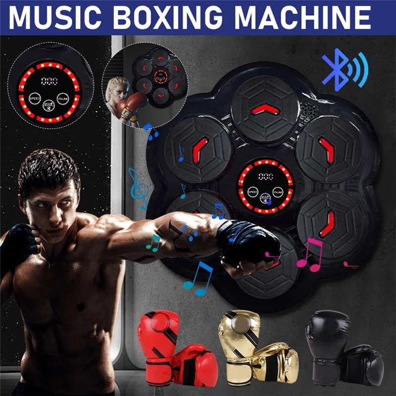 Black circular y67a music boxing machine with red illuminated buttons bluetooth display and colorful boxing gloves