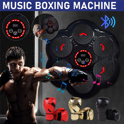 Black circular y67a music boxing machine with red illuminated buttons bluetooth display and colorful boxing gloves