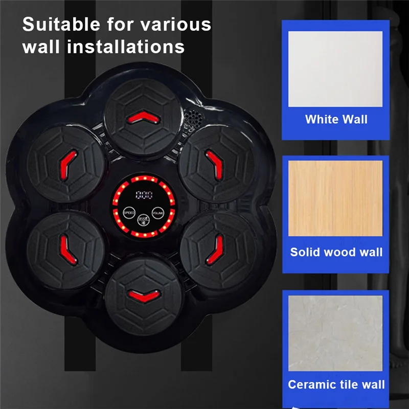Black hexagonal wall-mounted music boxing machine with central digital display and red led indicators for reaction practice