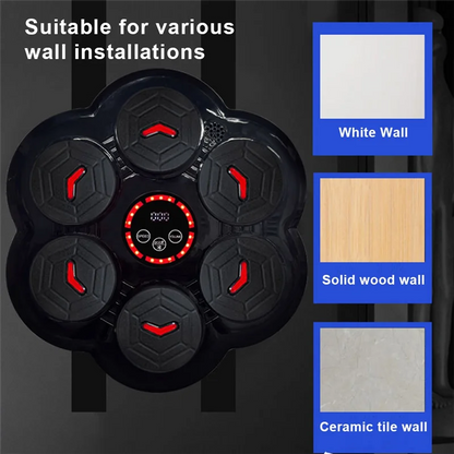 Black hexagonal wall-mounted music boxing machine with central digital display and red led indicators for reaction practice