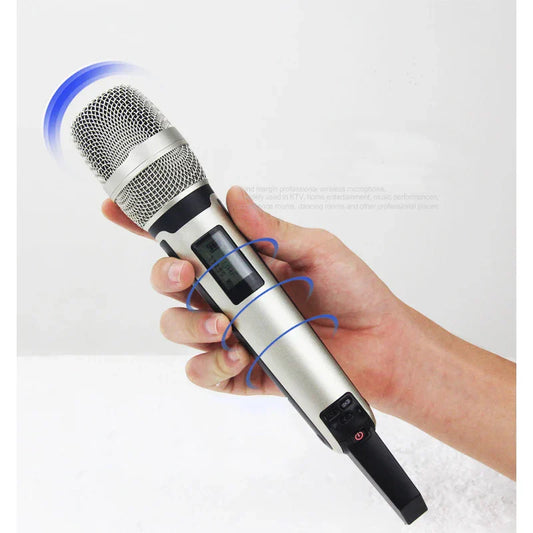 Silver and black yamah skm 9000 uhf wireless karaoke microphone with mesh grille display and frequency stability