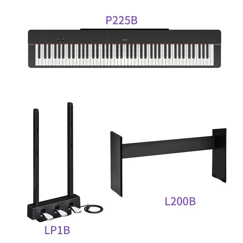 Black yamaha p225b 88-key weighted action digital piano with standard keys and lp1b sustain pedal accessory