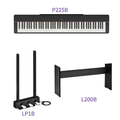 Black yamaha p225b 88-key weighted action digital piano with standard keys and lp1b sustain pedal accessory