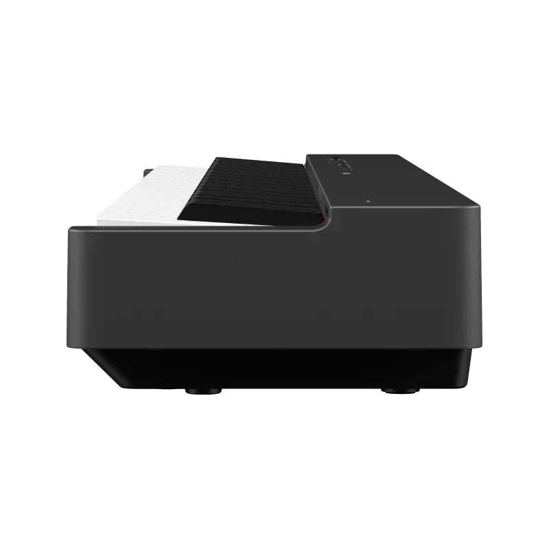Black matte-finish projector with ventilation slats accompanies yamaha p225b 88-key weighted action piano and lp1b sustain pedal