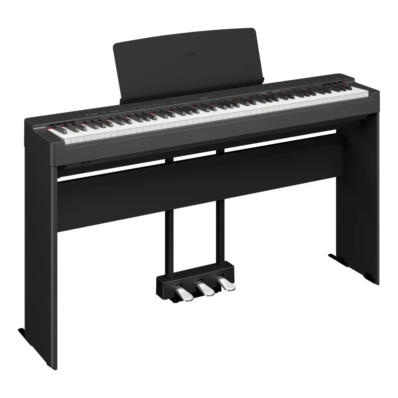 Black Yamaha P225B 88-key weighted action digital piano with standard keys and LP1B sustain pedal included