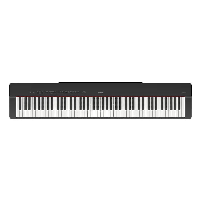 Black yamaha p225b digital piano with 88-key weighted action and lp1b sustain pedal in a sleek black finish