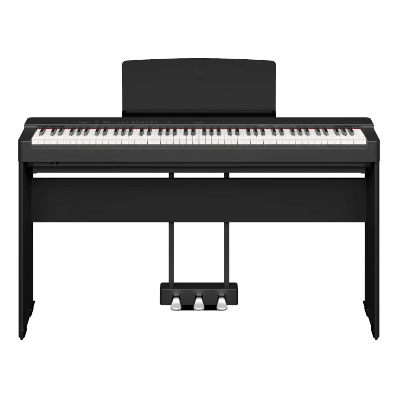 Black yamaha p225b digital piano with 88-key weighted action, sleek design, lp1b sustain pedal, and furniture stand