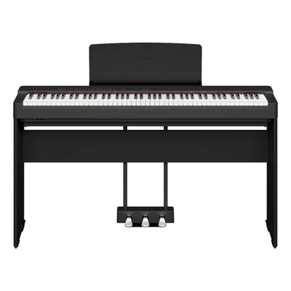 Black yamaha p225b digital piano with 88-key weighted action, sleek design, lp1b sustain pedal, and furniture stand