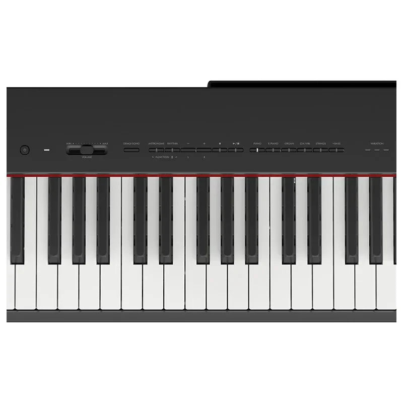 Black yamaha p225b digital piano with 88-key weighted action white and black keys red accent and lp1b sustain pedal