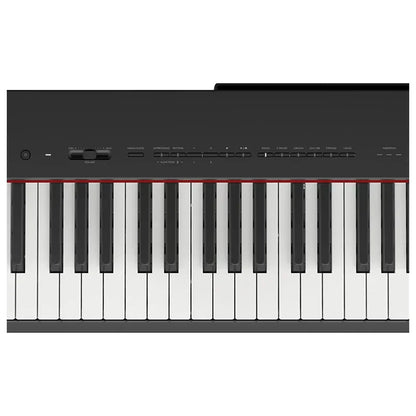 Black yamaha p225b digital piano with 88-key weighted action white and black keys red accent and lp1b sustain pedal