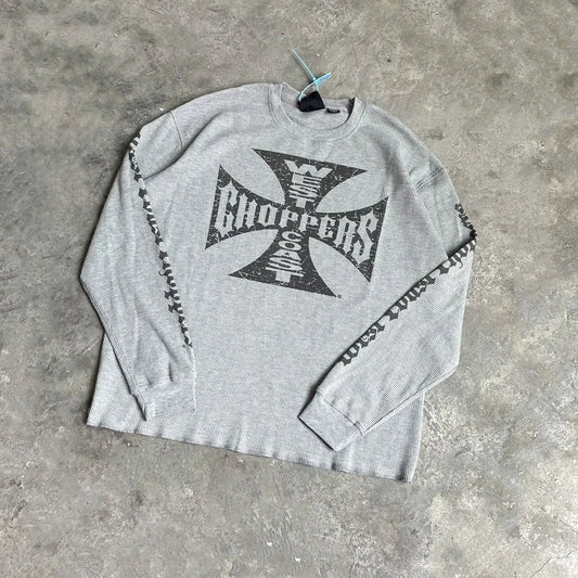 Gray ribbed long-sleeve sweatshirt with black distressed iron cross and choppers text matching sleeve graphics yao fashion vintage hiphop sanskrit logo sleeve oversize y2k