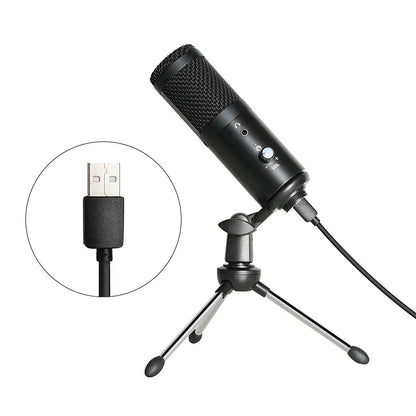 Black yarmee usb computer condenser microphone with mesh grille and control knobs on tripod stand for recording singing streamimg