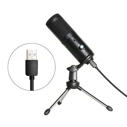 Black yarmee usb computer condenser microphone with mesh grille and control knobs on tripod stand for recording singing streamimg