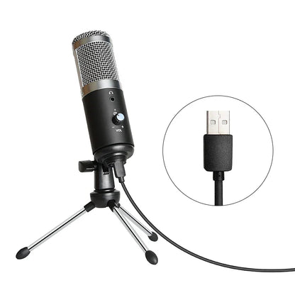 Black yarmee usb computer condenser microphone with silver mesh grille and volume control for recording singing streamimg