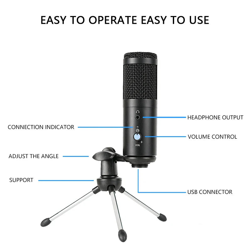 Black YARMEE USB computer condenser microphone with mesh grille and adjustable stand for recording singing streamimg and gaming