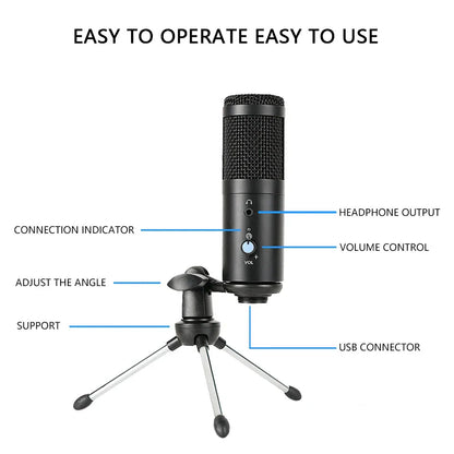 Black YARMEE USB computer condenser microphone with mesh grille and adjustable stand for recording singing streamimg and gaming