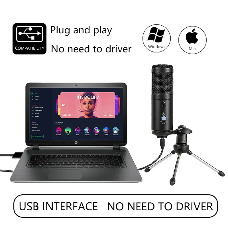 Black YARMEE USB computer condenser microphone with mesh grille and adjustable stand for recording singing streamimg and notebook gaming mic