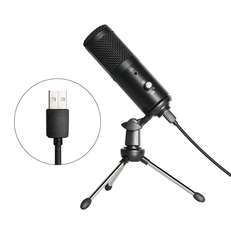 Black yarmee usb computer condenser microphone with mesh grille and control knobs on tripod stand for recording singing streamimg