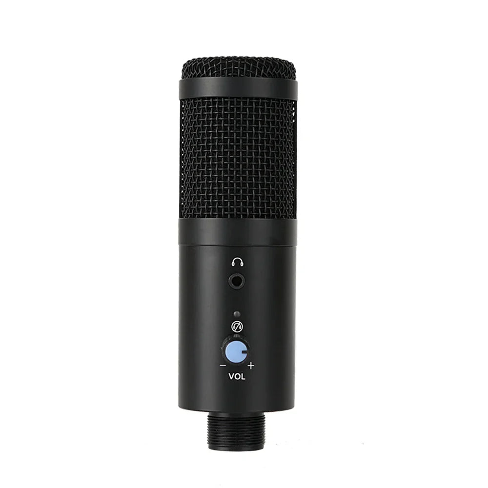 Black yarmee usb computer condenser microphone with mesh grille volume knob blue light and headphone jack for recording singing streamimg