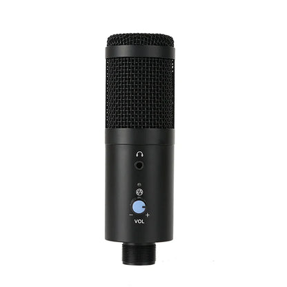 Black yarmee usb computer condenser microphone with mesh grille volume knob blue light and headphone jack for recording singing streamimg