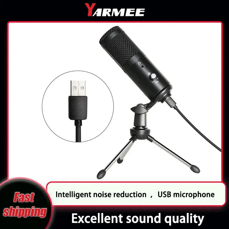 Black Yarmee USB computer condenser microphone with mesh grille and control knobs on tripod stand for recording singing streamimg