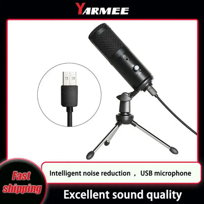 Black Yarmee USB computer condenser microphone with mesh grille and control knobs on tripod stand for recording singing streamimg