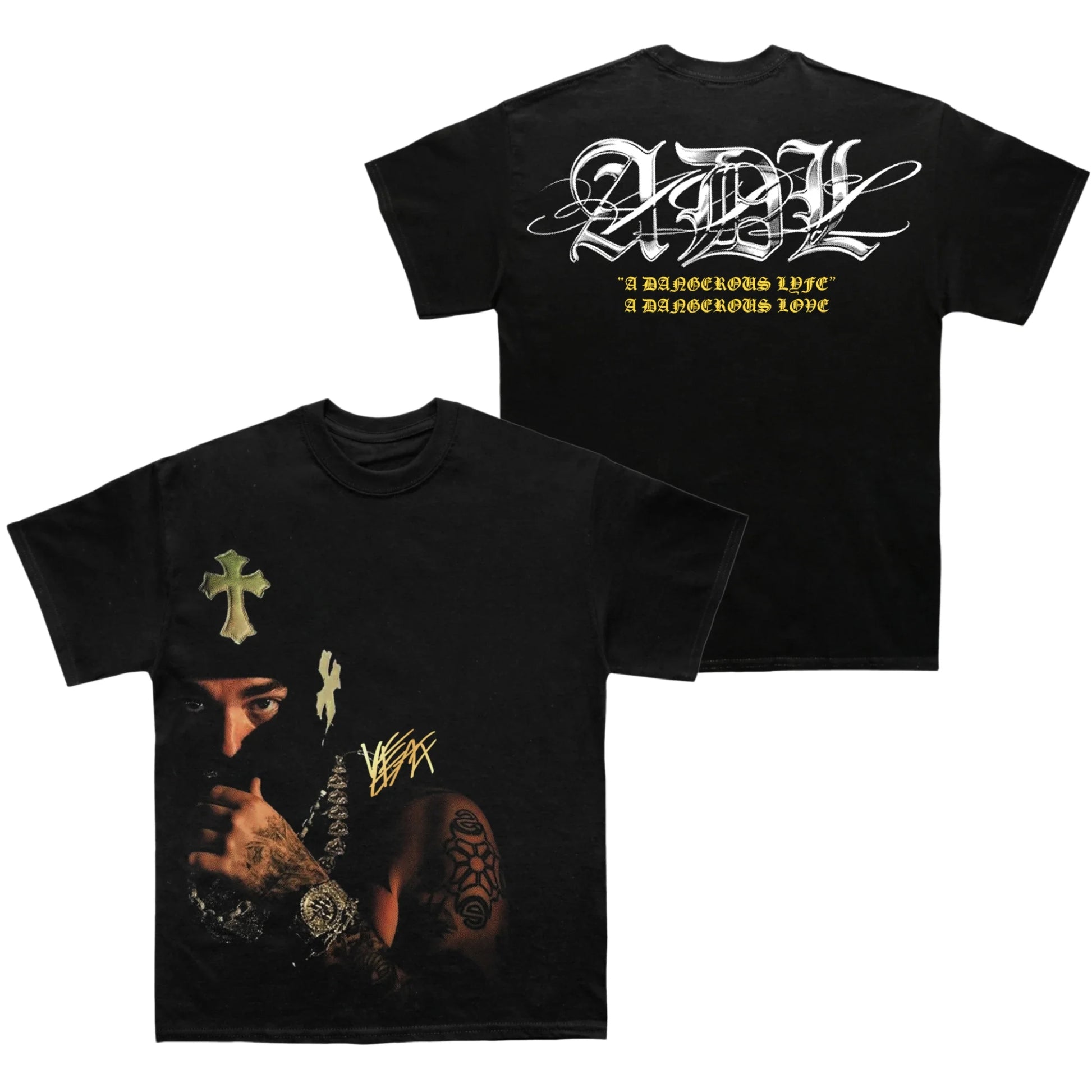 Black cotton t-shirt featuring tattooed man graphic and back white adl lettering with yellow a dangerous life text