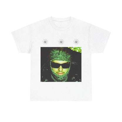 White cotton Yeat 2026 album ADL graphic t-shirt with green-toned sunglasses print and silver sun logos for summer wear