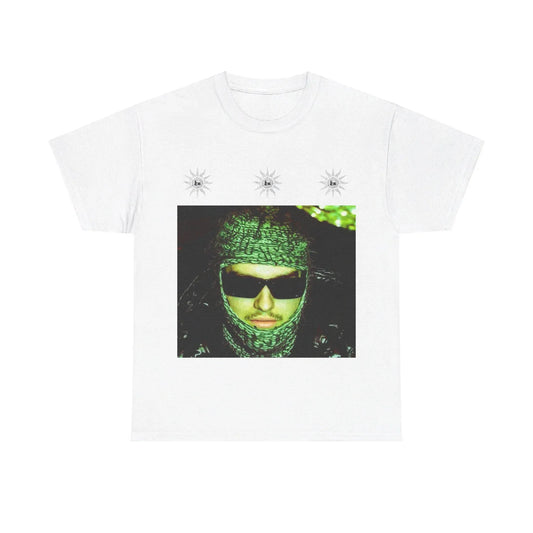 White cotton Yeat 2026 album ADL graphic t-shirt with green-toned sunglasses print and silver sun logos for summer wear