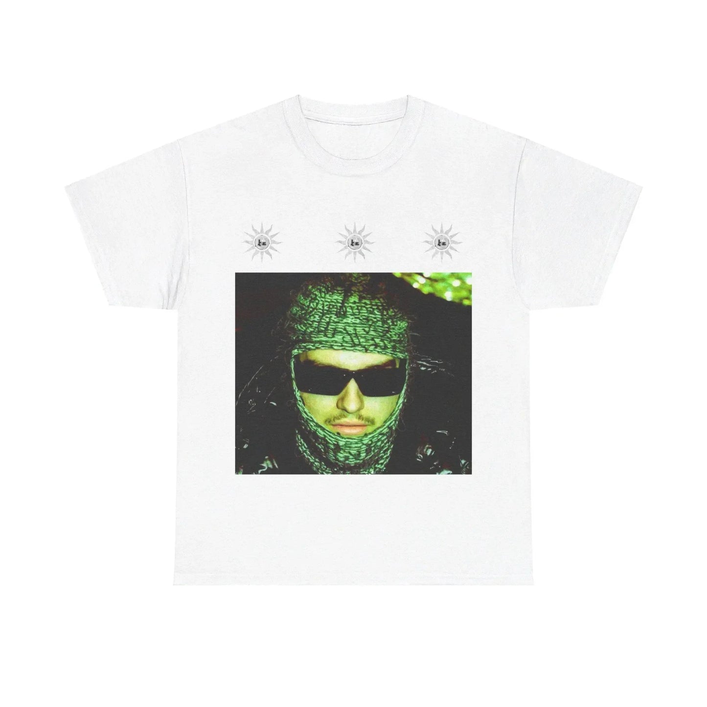 White cotton sleeve oversized y2k t-shirt with album adl graphic and silver starburst logos for popular tee fans gift