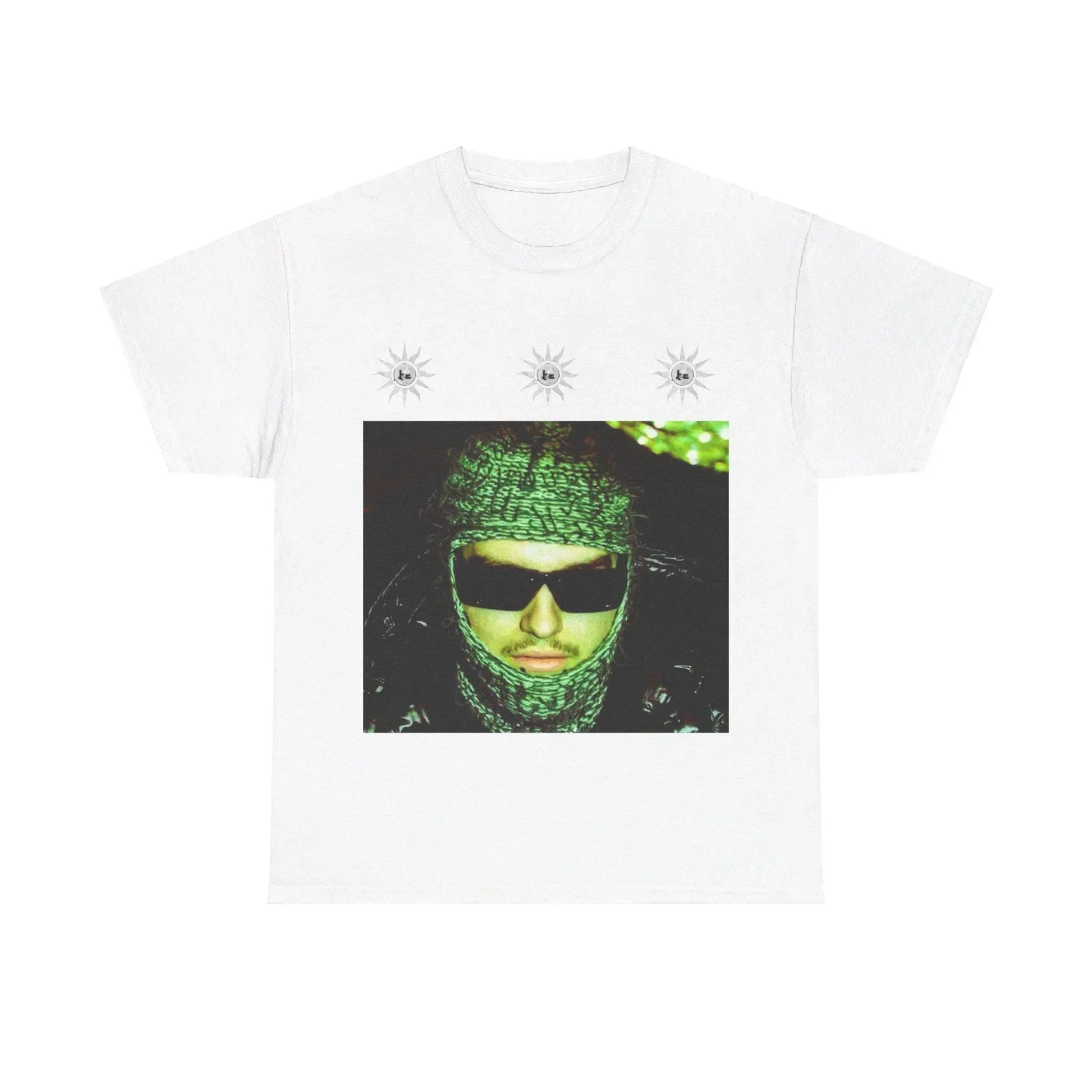 White cotton sleeve oversized y2k t-shirt with album adl graphic and silver starburst logos for popular tee fans gift
