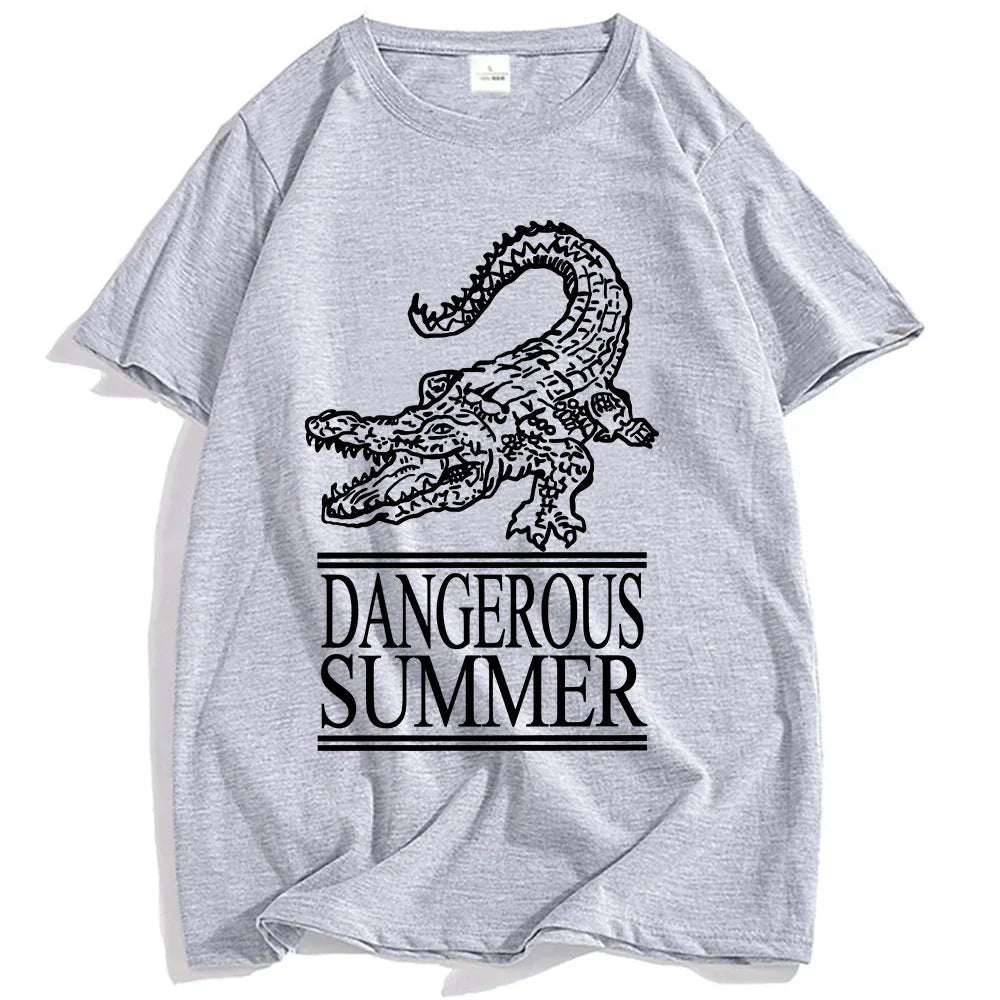 Gray cotton yeat dangerous summer loco tee streetwear with black crocodile line-art and casual women tshirts fashion design