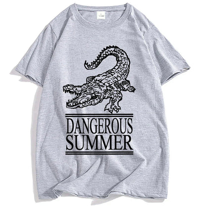 Gray cotton yeat dangerous summer loco tee streetwear with black crocodile line-art and casual women tshirts fashion design