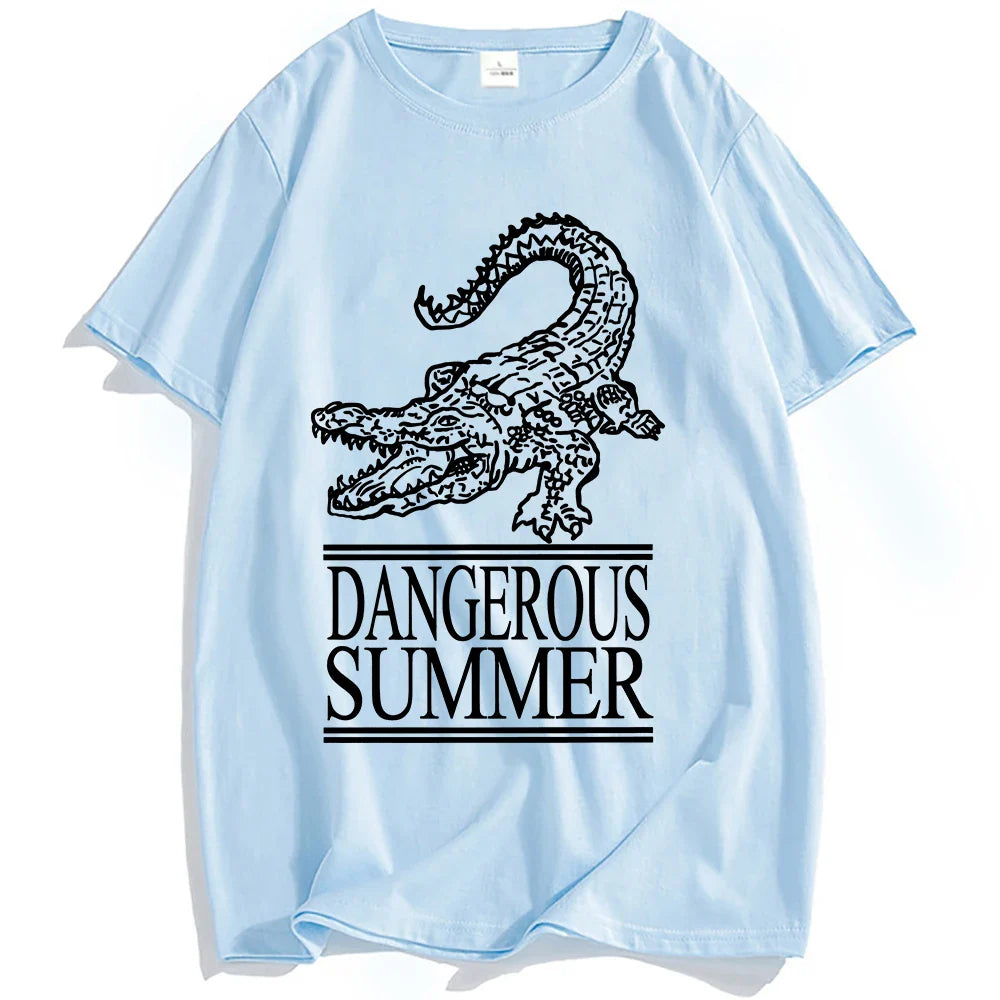 Light blue cotton yeat dangerous summer loco tee streetwear with black crocodile graphic for women tshirts fashion