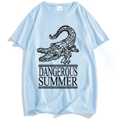 Light blue cotton yeat dangerous summer loco tee streetwear with black crocodile graphic for women tshirts fashion