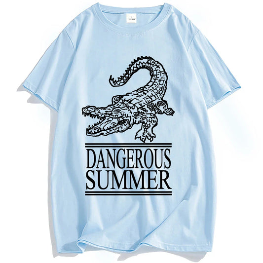 Light blue cotton yeat dangerous summer loco tee streetwear with black crocodile graphic for women tshirts fashion