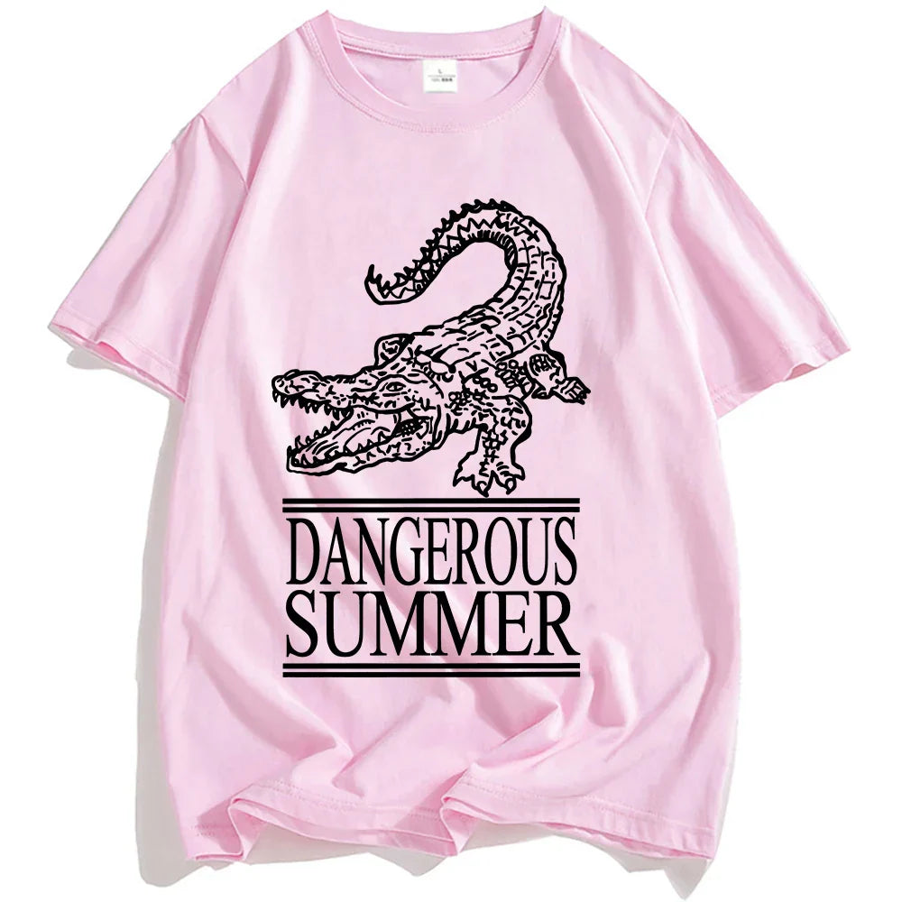 Pink cotton yeat dangerous summer loco tee streetwear t-shirt with black line-art crocodile and text for women tshirts fashion
