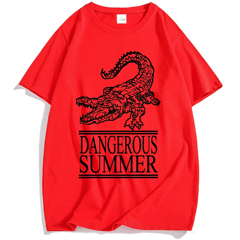 Vibrant red cotton yeat dangerous summer loco tee streetwear with bold black crocodile graphic for women tshirts fashion