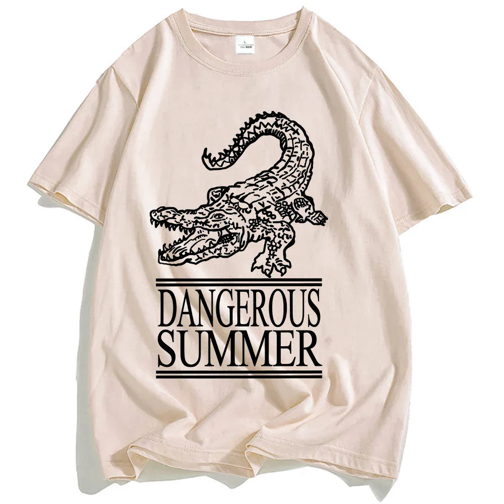 Beige cotton short-sleeved yeat dangerous summer loco tee streetwear t-shirt with black crocodile line-art and text for women tshirts fashion