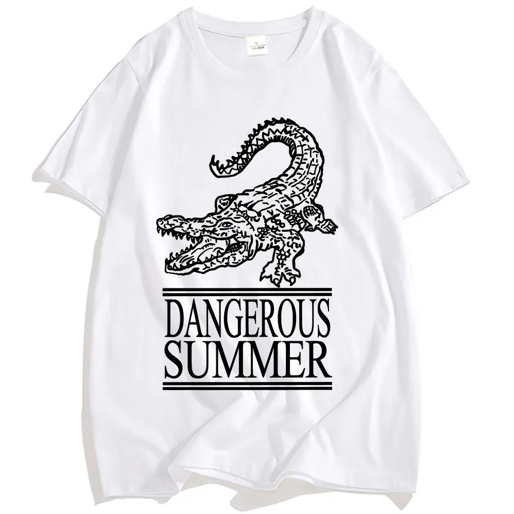 White cotton yeat dangerous summer tshirt featuring black crocodile graphic and text loco tee streetwear for women tshirts fashion