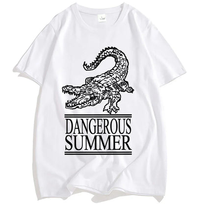 White cotton yeat dangerous summer tshirt featuring black crocodile graphic and text loco tee streetwear for women tshirts fashion