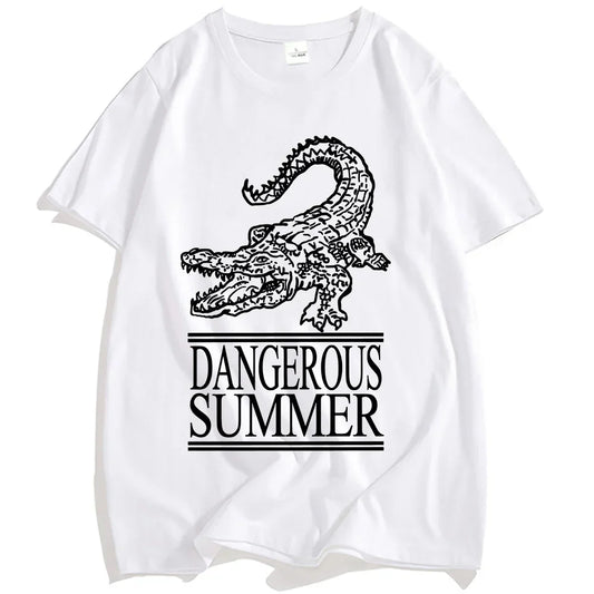 White cotton yeat dangerous summer tshirt featuring black crocodile graphic and text loco tee streetwear for women tshirts fashion