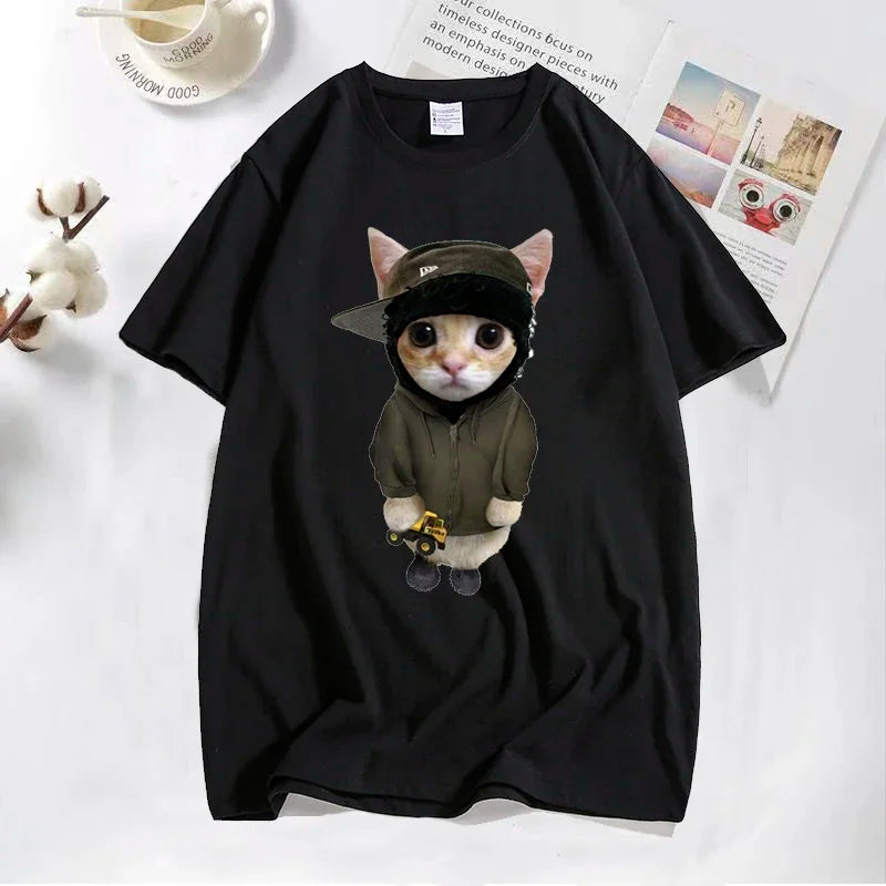 Black cotton short-sleeved yeat kitty t-shirt with funny cute cat holding yellow tonka construction vehicle graphic
