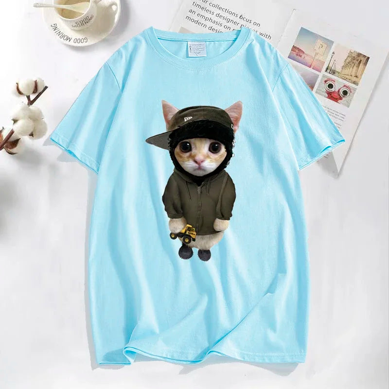 Light blue cotton yeat kitty tonka t shirts featuring a funny cute cat in a black cap and green hoodie with toy truck