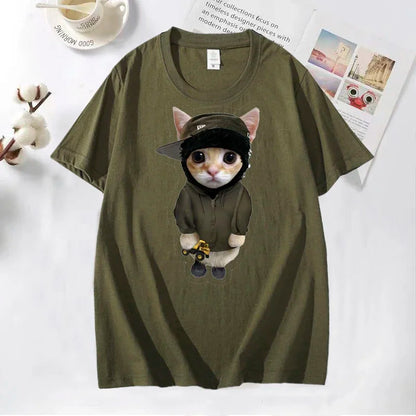 Olive green cotton funny cute cat t shirt featuring yeat kitty with tonka t shirts graphic and short sleeves