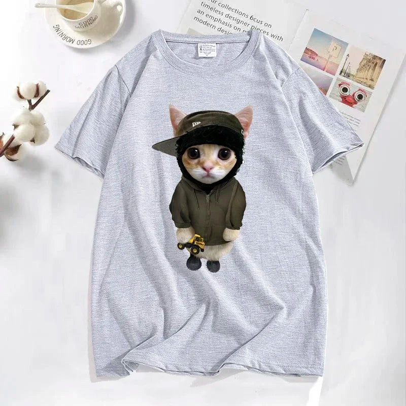 Gray heathered cotton yeat kitty t shirt with funny cute cat holding yellow construction vehicle for tonka t shirts fans