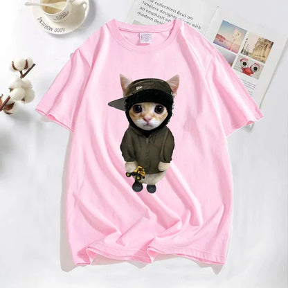 Pink cotton short-sleeved yeat kitty t shirt featuring funny cute cat with tonka t shirts graphic design