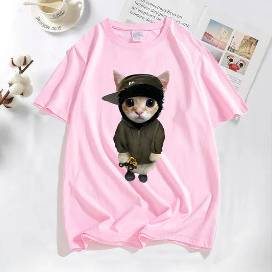 Pink cotton short-sleeved yeat kitty t shirt featuring funny cute cat with tonka t shirts graphic design